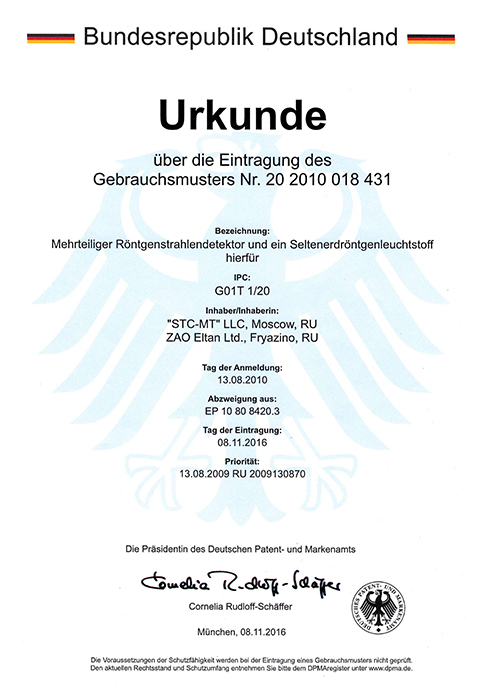 Germany Patent Nr. 20 2010 018 431. Multi-element x-ray detector, its rear-earth luminescent materials, production of multi-element scintillator and detector in general