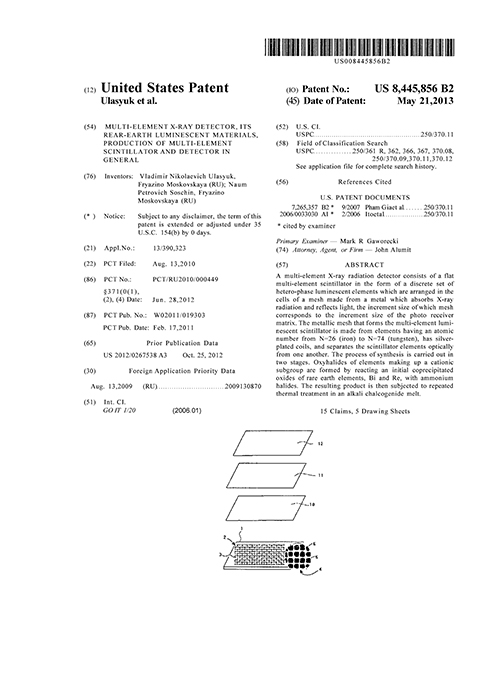 United States Patent 8445856 B2. Multi-element x-ray detector, its rear-earth luminescent materials, production of multi-element scintillator and detector in general